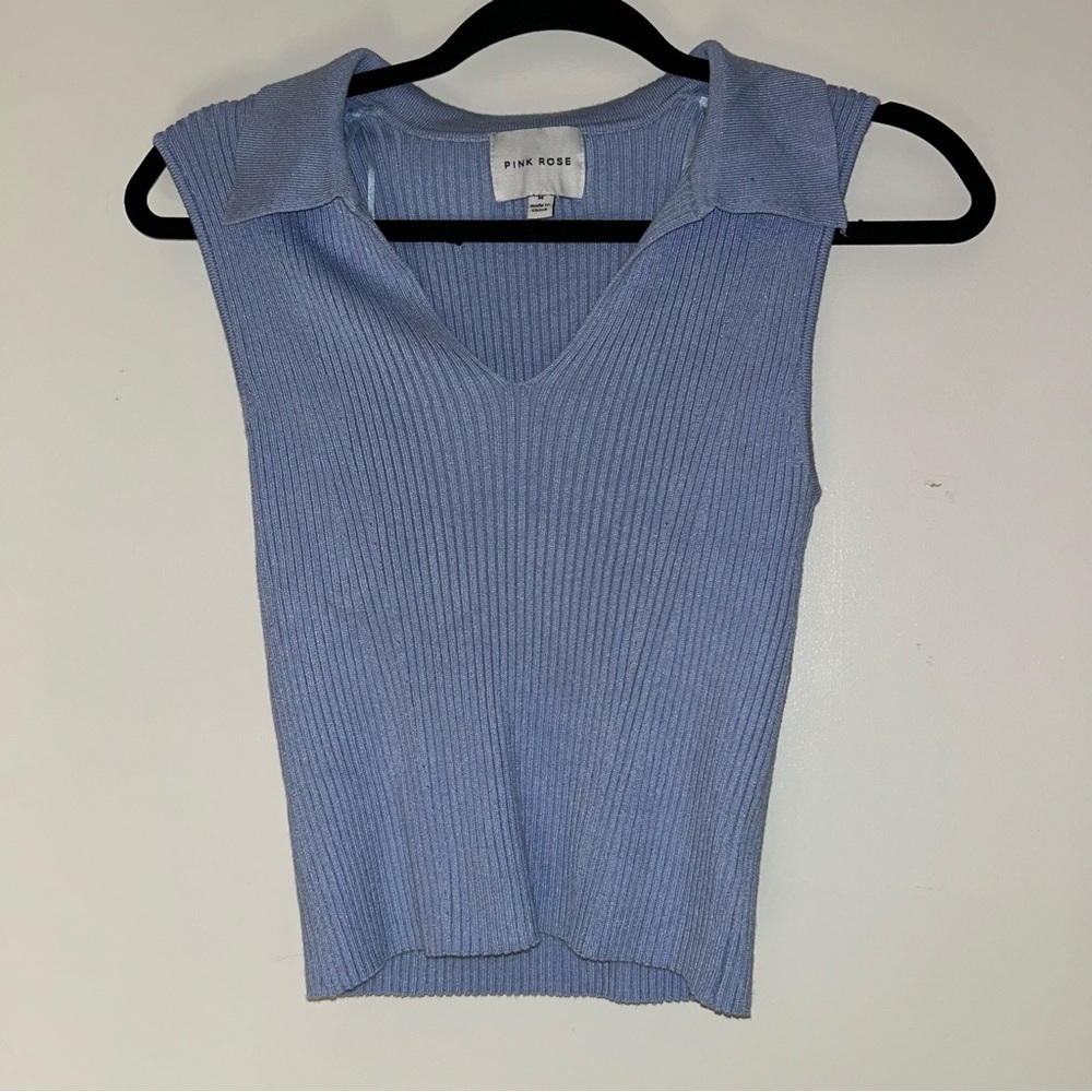 Pink Rose Women’s Blue Ribbed Collared Sleeveless Sweater Top Medium